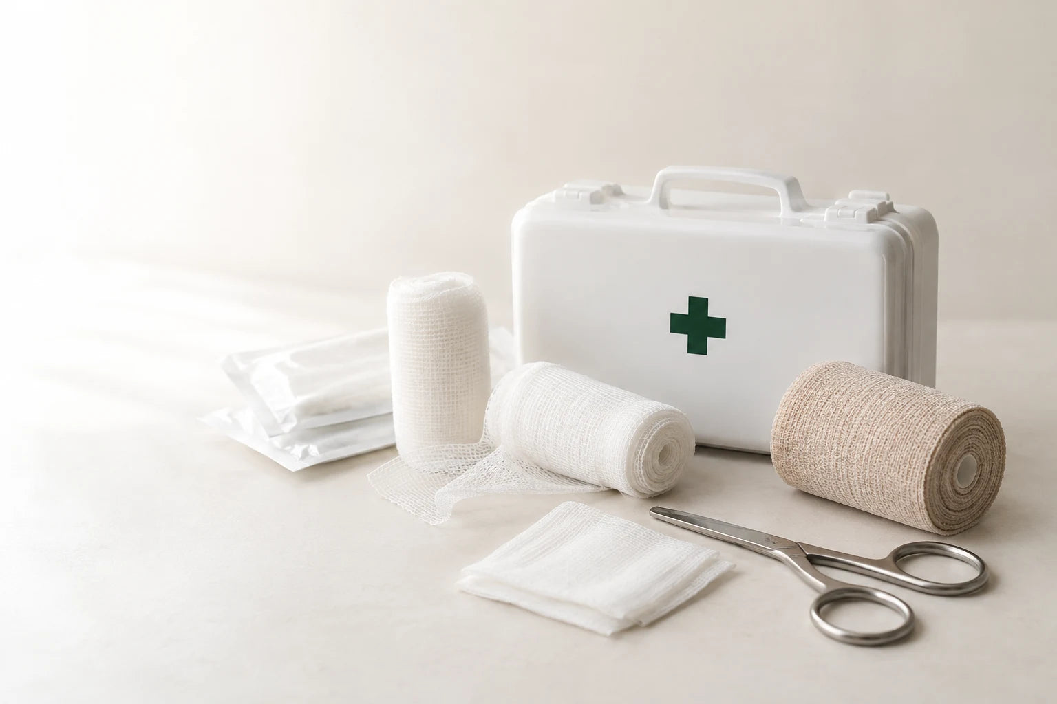 A first aid case with gauze, bandages and dressing scissors