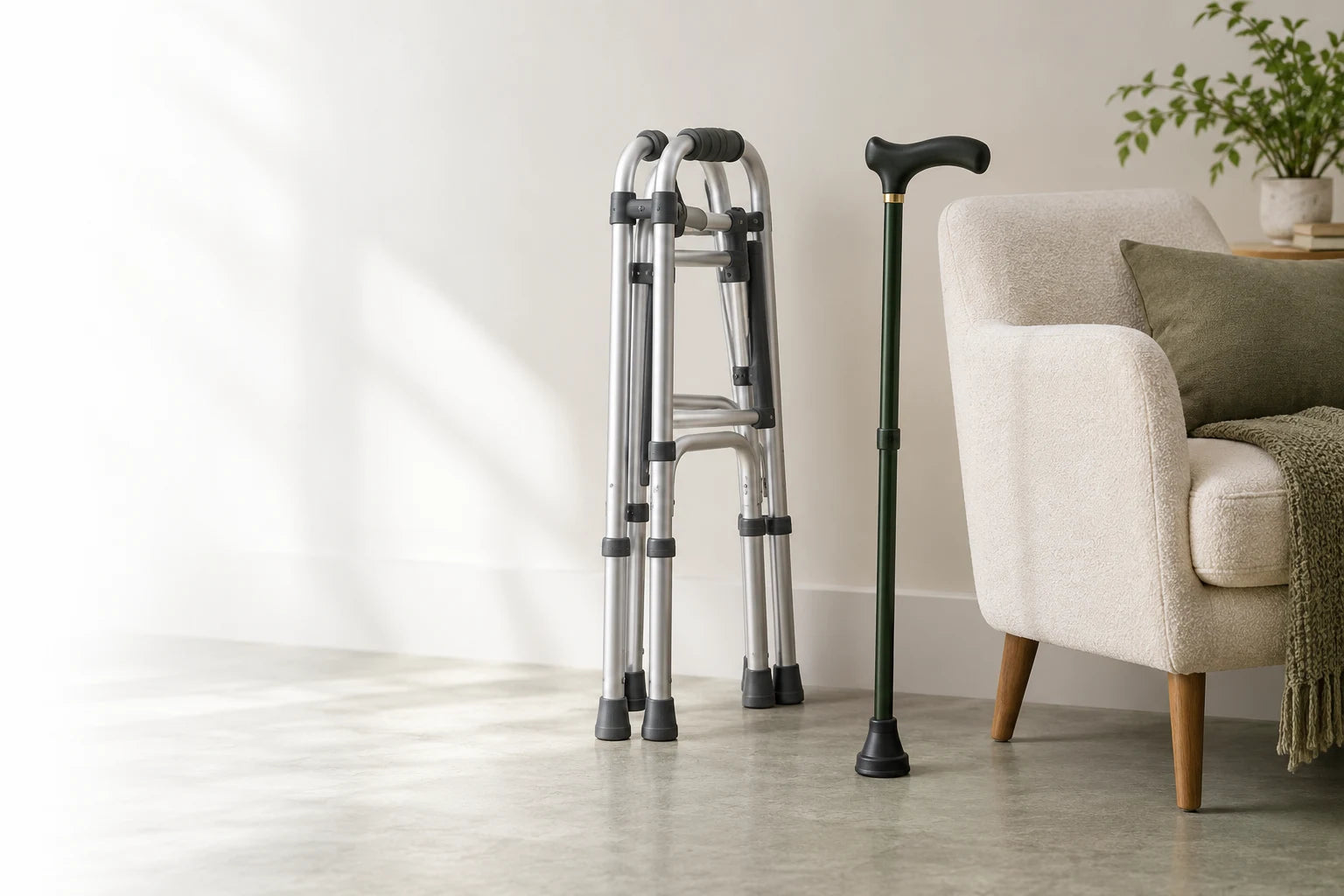 A lightweight walker and walking cane beside a comfortable chair